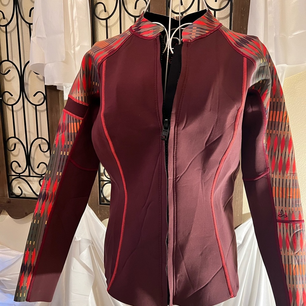 Prana Women's Burgundy Ski Jacket with Patterned Sleeves